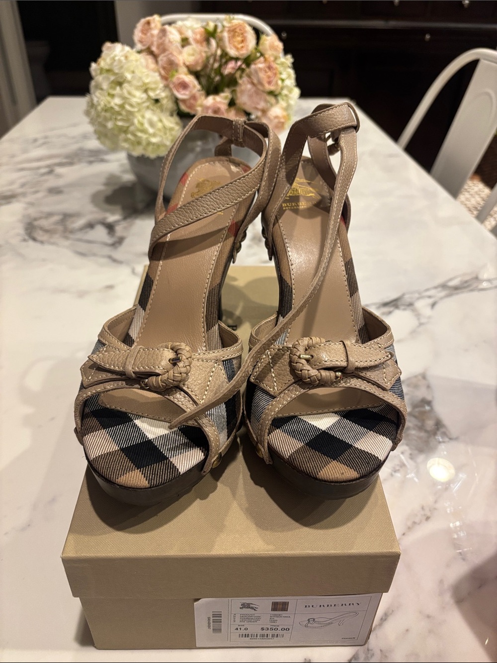 Burberry Tan Check Platform Sandals